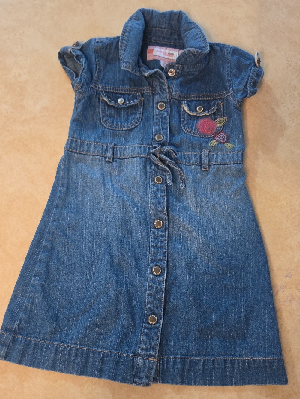 OshKosh B'gosh Blue Denim Button-Front Dress with Pink Rose Embroidery